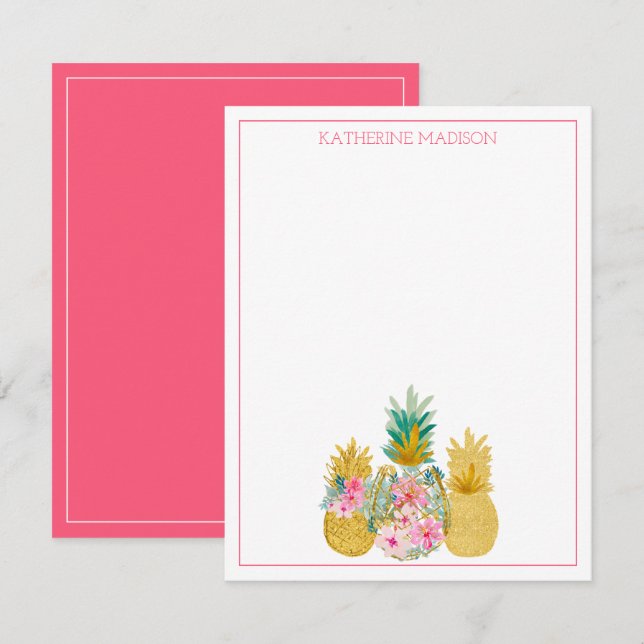 Pink and Gold Tropical Floral Pineapples Card (Front/Back)