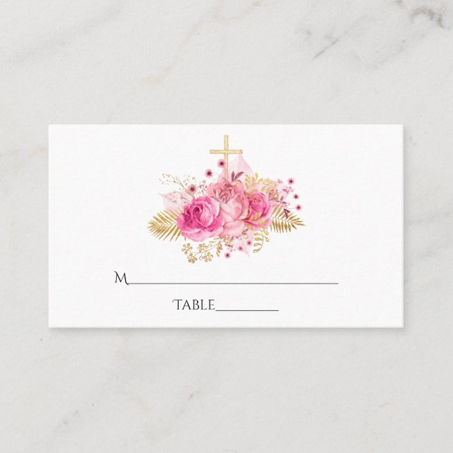 Pink and Gold Tropical Floral Place Card (Front)