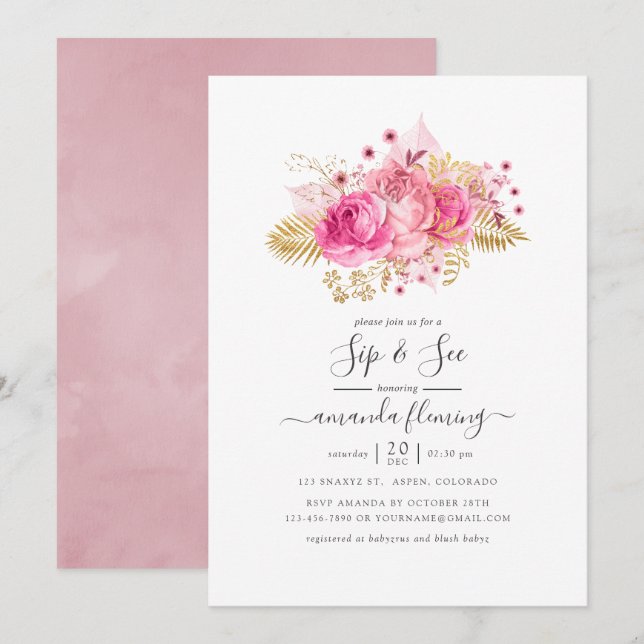 Pink and Gold Tropical Floral Sip and See Invitation (Front/Back)
