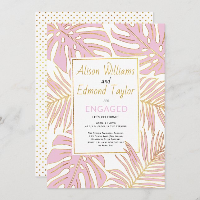 Pink and gold tropical leaves engagement party invitation (Front/Back)