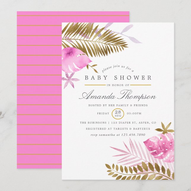 Pink and Gold Tropical Leaves Girl Baby Shower Invitation (Front/Back)