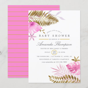 Pink and Gold Tropical Leaves Girl Baby Shower Invitation