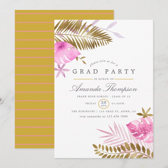 Pink and Gold Tropical Leaves Graduation Party Invitation (Front/Back)