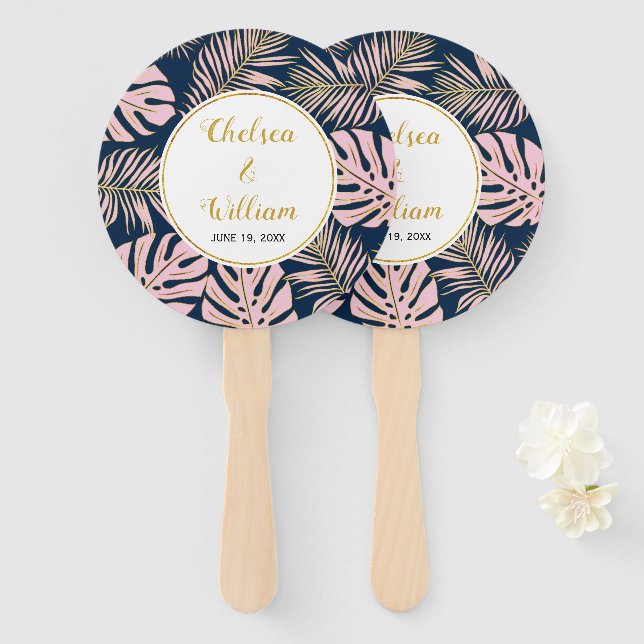 Pink and gold tropical leaves navy blue wedding hand fan (Front and Back)