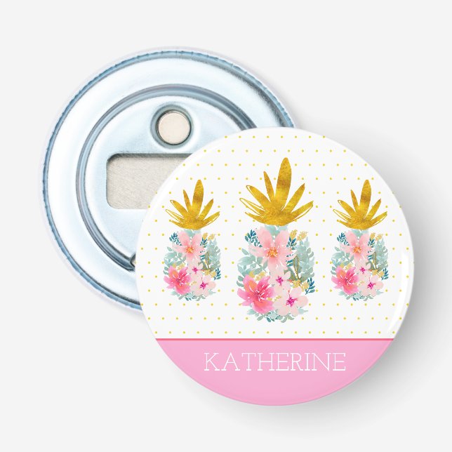 Pink and Gold Tropical Pineapples and Polka Dots Bottle Opener (Front)