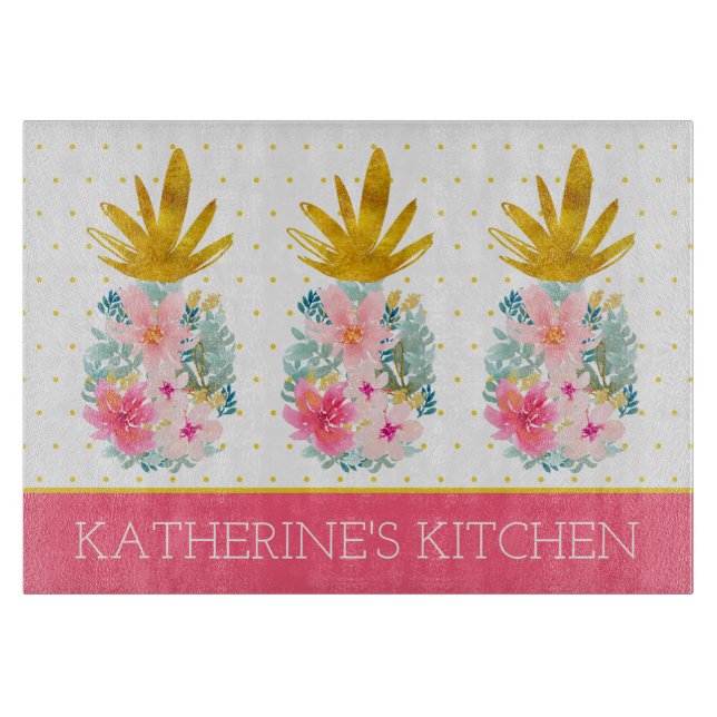 Pink and Gold Tropical Pineapples and Polka Dots Cutting Board (Front)