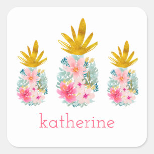 Pink and Gold Tropical Pineapples Personalised Square Sticker