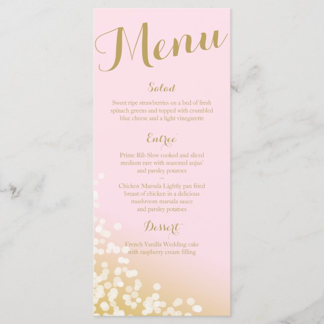 Pink and Gold Twinkle Lights Wedding Program Menu (Front)