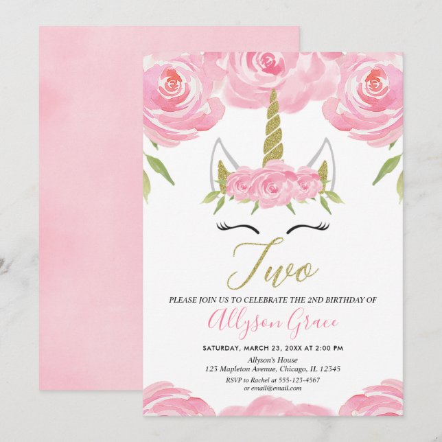 pink and gold Unicorn 2nd birthday girl Invitation (Front/Back)