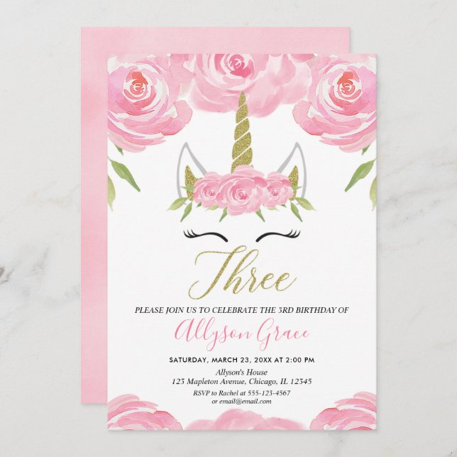 pink and gold Unicorn 3rd birthday girl Invitation (Front/Back)