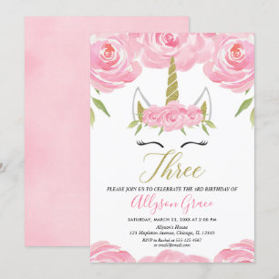 pink and gold Unicorn 3rd birthday girl Invitation