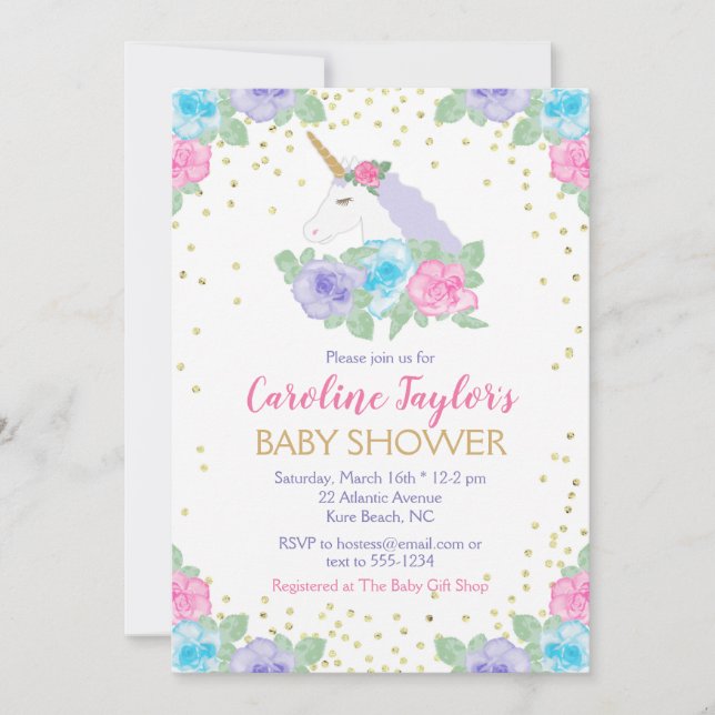 Pink and Gold Unicorn Baby Shower Invitation (Front)