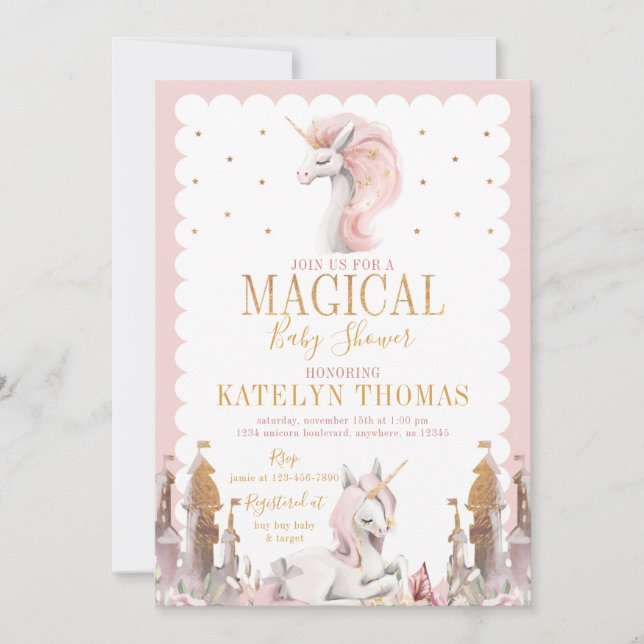 Pink and Gold Unicorn Baby Shower Invitation (Front)