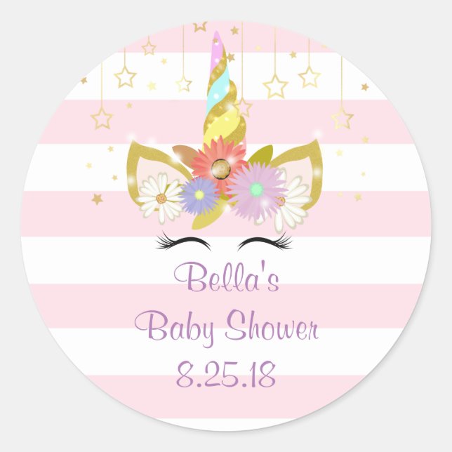 Pink and gold unicorn baby shower stickers (Front)