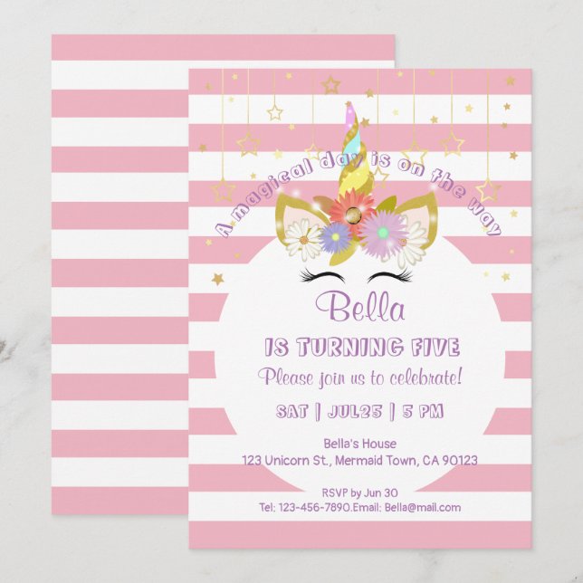Pink and Gold Unicorn Birthday Cards (Front/Back)