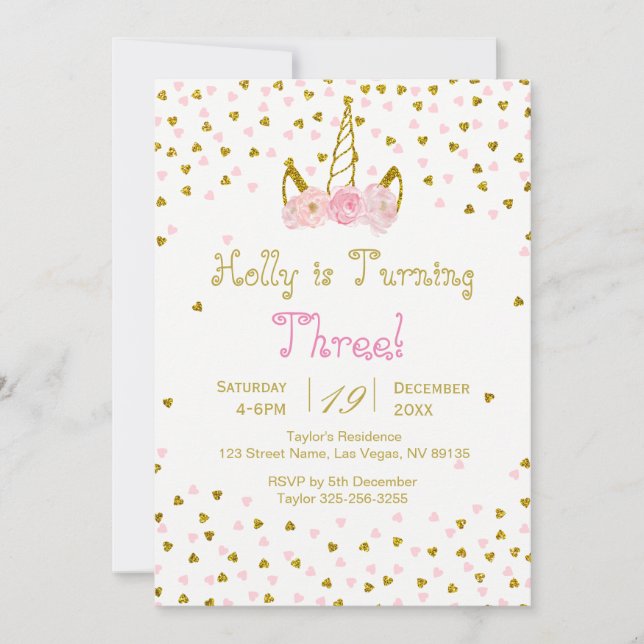 Pink and Gold Unicorn Birthday Invitation (Front)