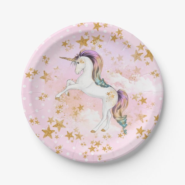 Pink and Gold Unicorn Birthday Party Paper Plates (Front)