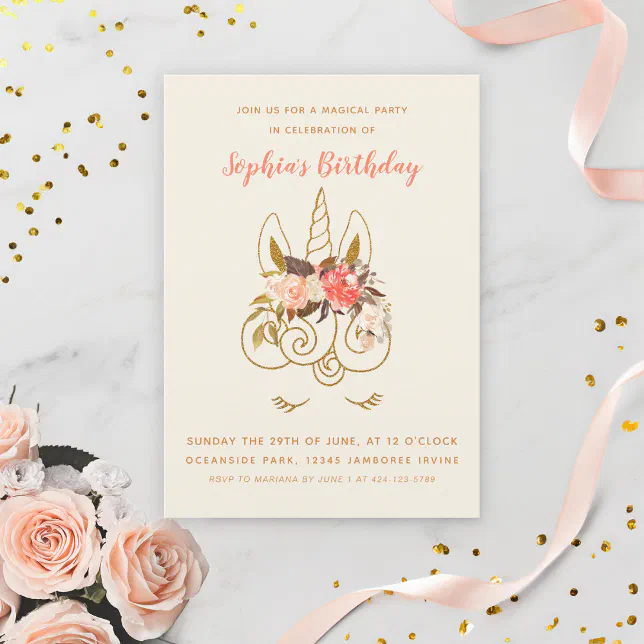 Pink and Gold Unicorn Girls Birthday Invitation | Zazzle