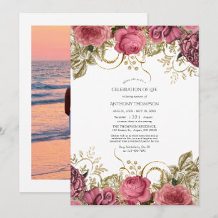 Pink and Gold Vintage Floral Celebration of Life Invitation