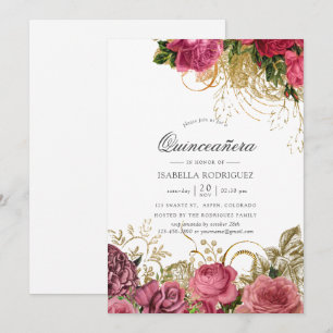 Pink and Gold Vintage Floral Quinceañera Invitation