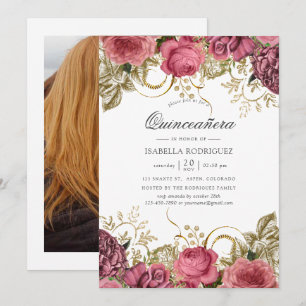 Pink and Gold Vintage Floral Quinceañera Photo Invitation