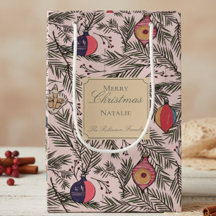 Pink and Gold Vintage Xmas Ornaments Pine Berries Small Gift Bag