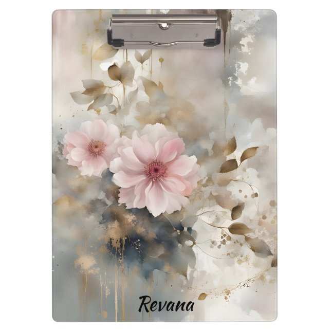 Pink and Gold Wabi-Sabi Flowers Clipboard (Front)