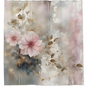 Pink and Gold Wabi-Sabi Flowers Grey Background Shower Curtain