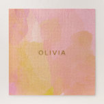 Pink and Gold Watercolor Abstract Painting Jigsaw Puzzle<br><div class="desc">A pretty combination of pink,  yellow,  gold and orange watercolor brush strokes and organic,  abstract shapes,  personalised with name or words of your choice.</div>
