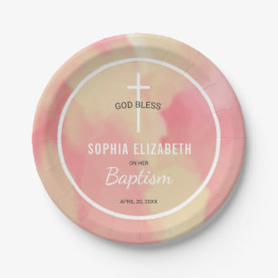 Pink and Gold Watercolor Baby Girl Baptism Paper Plate