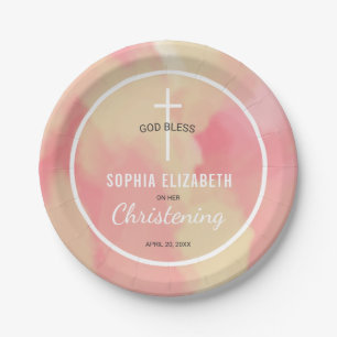 Pink and Gold Watercolor Baby Girl Christening Paper Plate