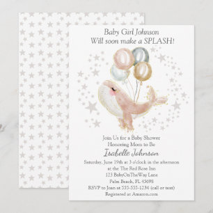 Pink and Gold Watercolor Cute Whale Baby Shower Invitation