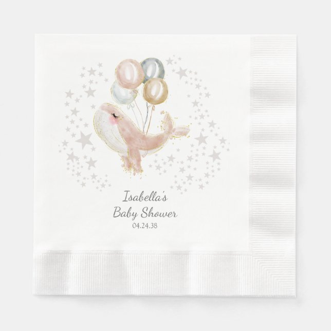 Pink and Gold Watercolor Cute Whale Baby Shower Napkin (Front)