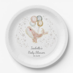 Pink and Gold Watercolor Cute Whale Baby Shower Paper Plate