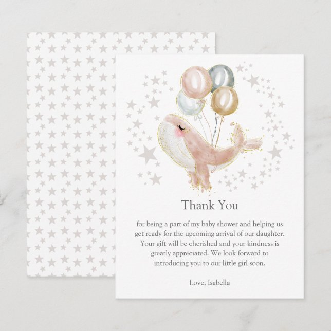 Pink and Gold Watercolor Cute Whale Thank You Card (Front/Back)