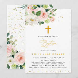 Pink And Gold Watercolor Floral Baptism Invitation