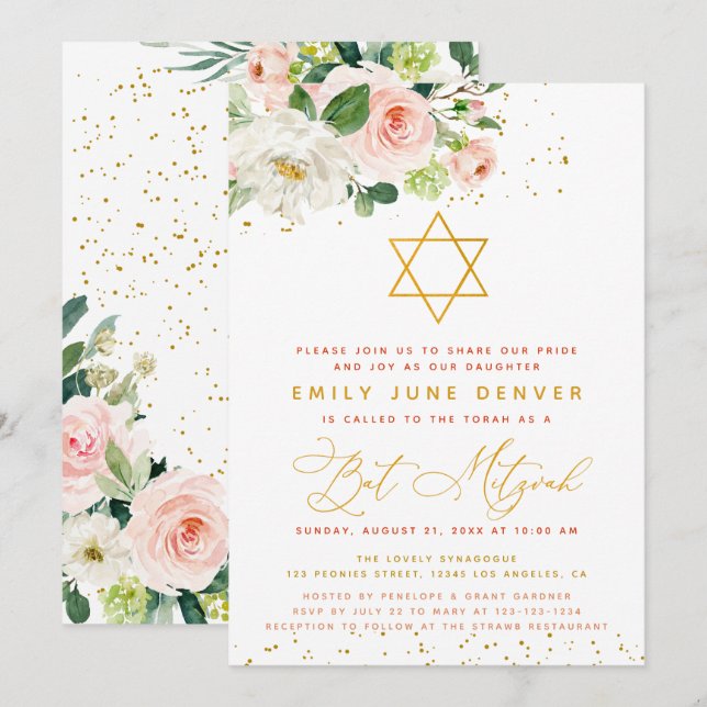 Pink And Gold Watercolor Floral Bat Mitzvah Invitation (Front/Back)
