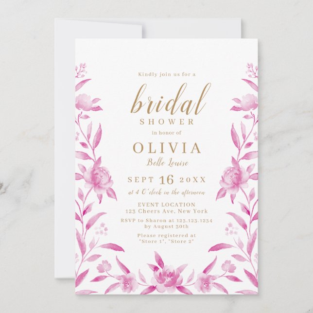 Pink and gold  watercolor floral bridal shower invitation (Front)