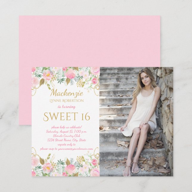 Pink and Gold Watercolor Flowers Photo Sweet 16 Invitation (Front/Back)