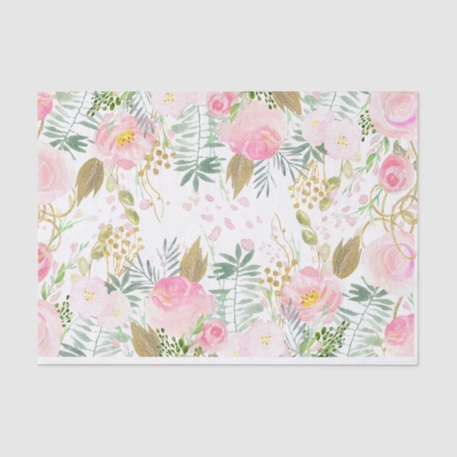 Pink and Gold Watercolor Flowers Tissue Paper (Front)