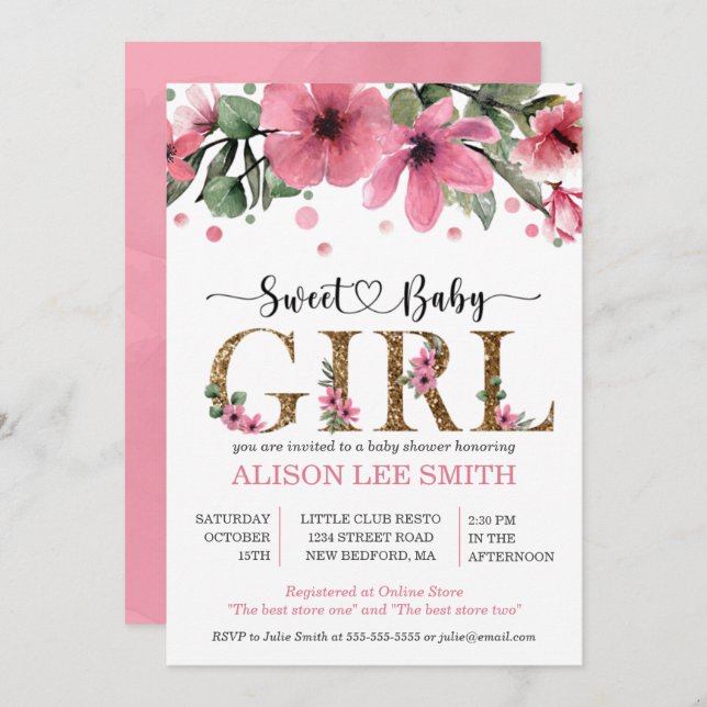 Pink and gold watercolor Girl baby shower (Front/Back)