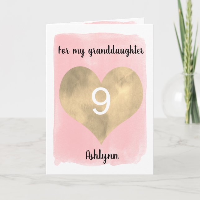 Pink and Gold Watercolor Heart 9th Birthday Card (Front)