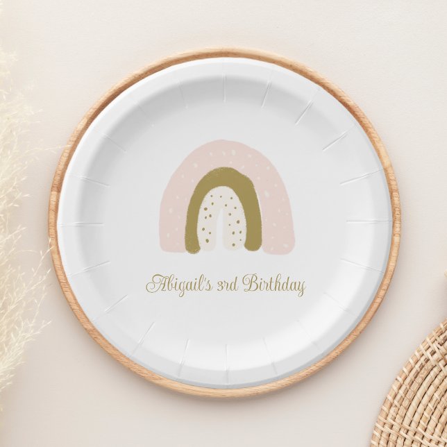 Pink and Gold Watercolor Rainbow Birthday Party Paper Plate (Creator Uploaded)