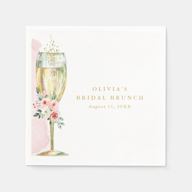 Pink and Gold Watercolor Roses in Champagne Glass  Napkin (Front)