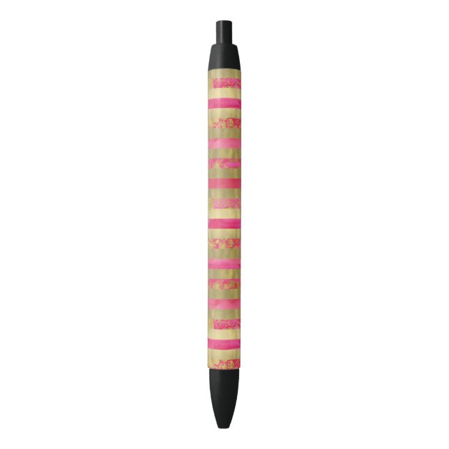 Pink and Gold Watercolor stripes Black Ink Pen (Front Vertical)