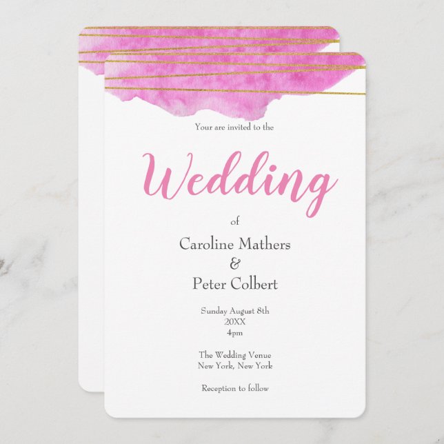 Pink and Gold Watercolour Wedding Invitation (Front/Back)
