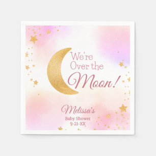 Pink and Gold We're Over the Moon Girl Baby Shower Napkin