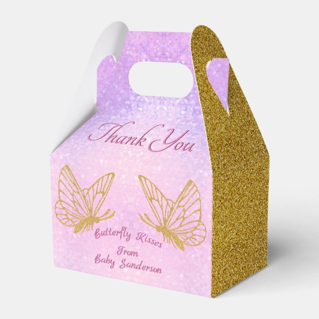 Pink and Gold Whimsical Butterfly Baby Shower Favour Box (Front Side)