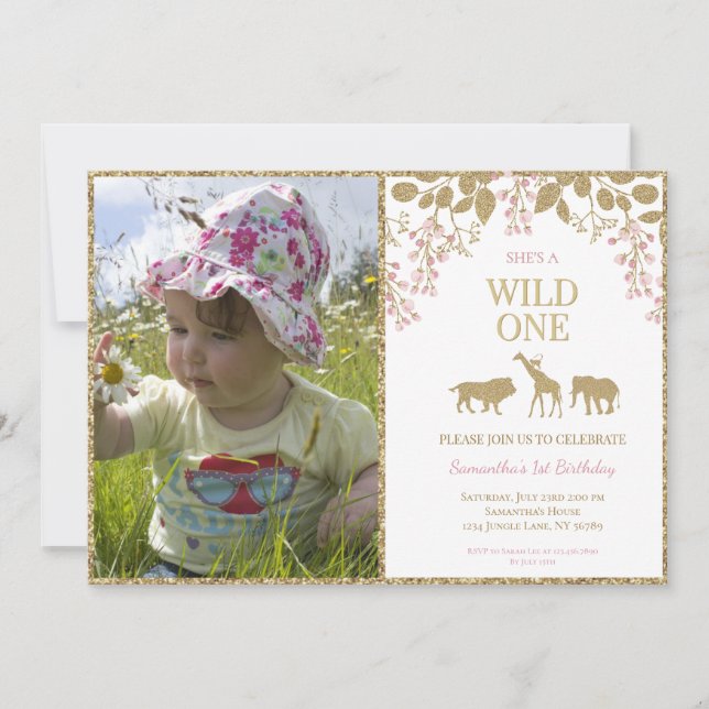 Pink and Gold Wild One 1st Birthday Girl Photo Invitation (Front)