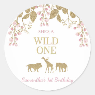 Pink and Gold Wild One 1st Girl Birthday Party Classic Round Sticker